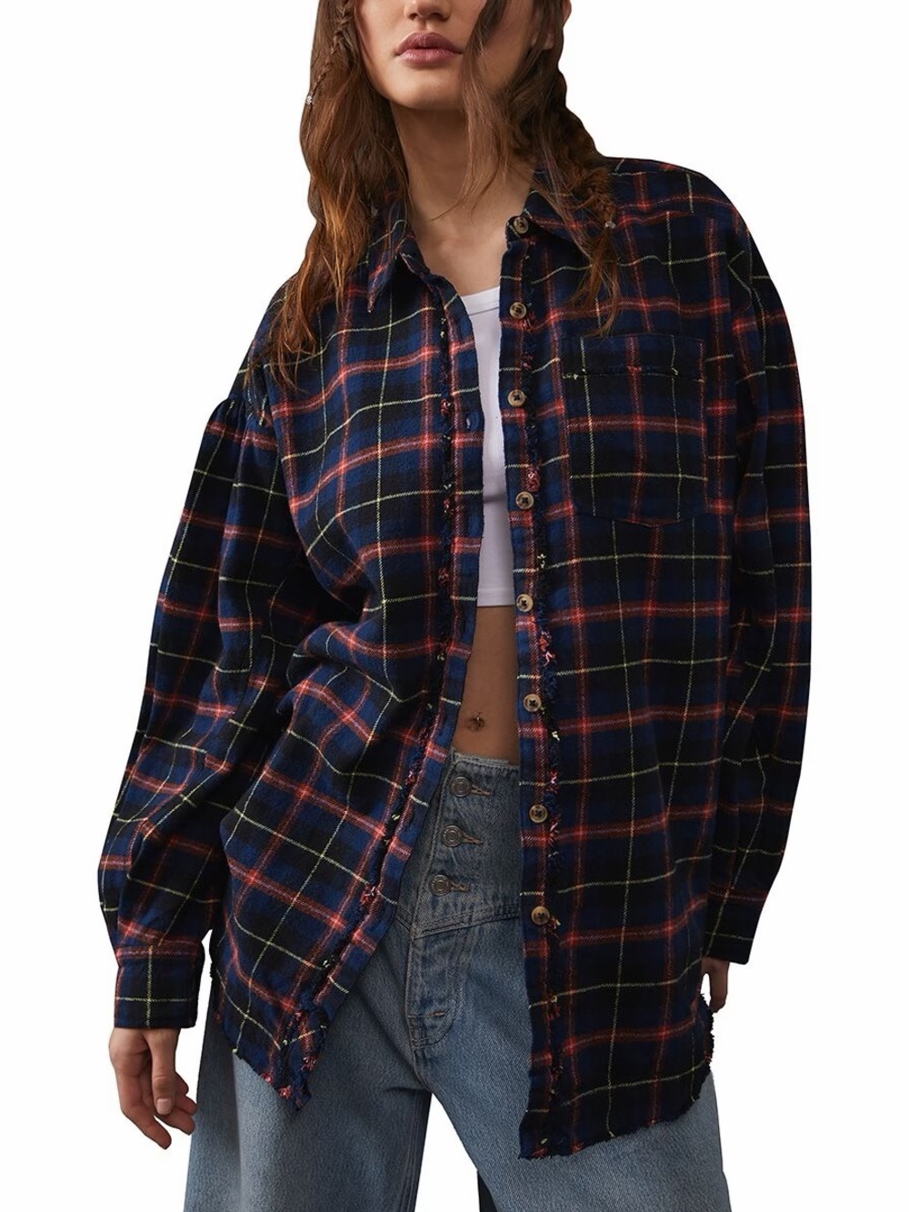 We The Free Happy Hour Plaid Button-Front Shacket Top